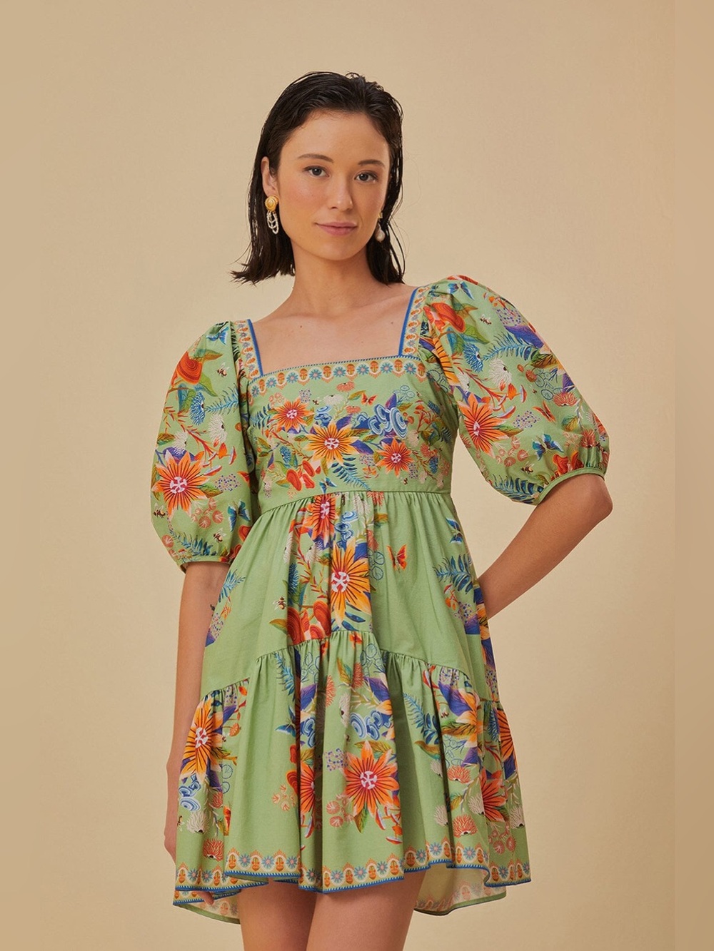 Farm Rio Puff Sleeve Green Bright Yard Floral Mini Dress